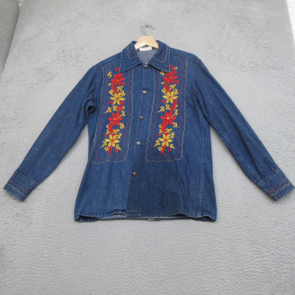 Embroidered Denim Shirt Jacket Women M Blue Boho Western Folk Art Festival Retro